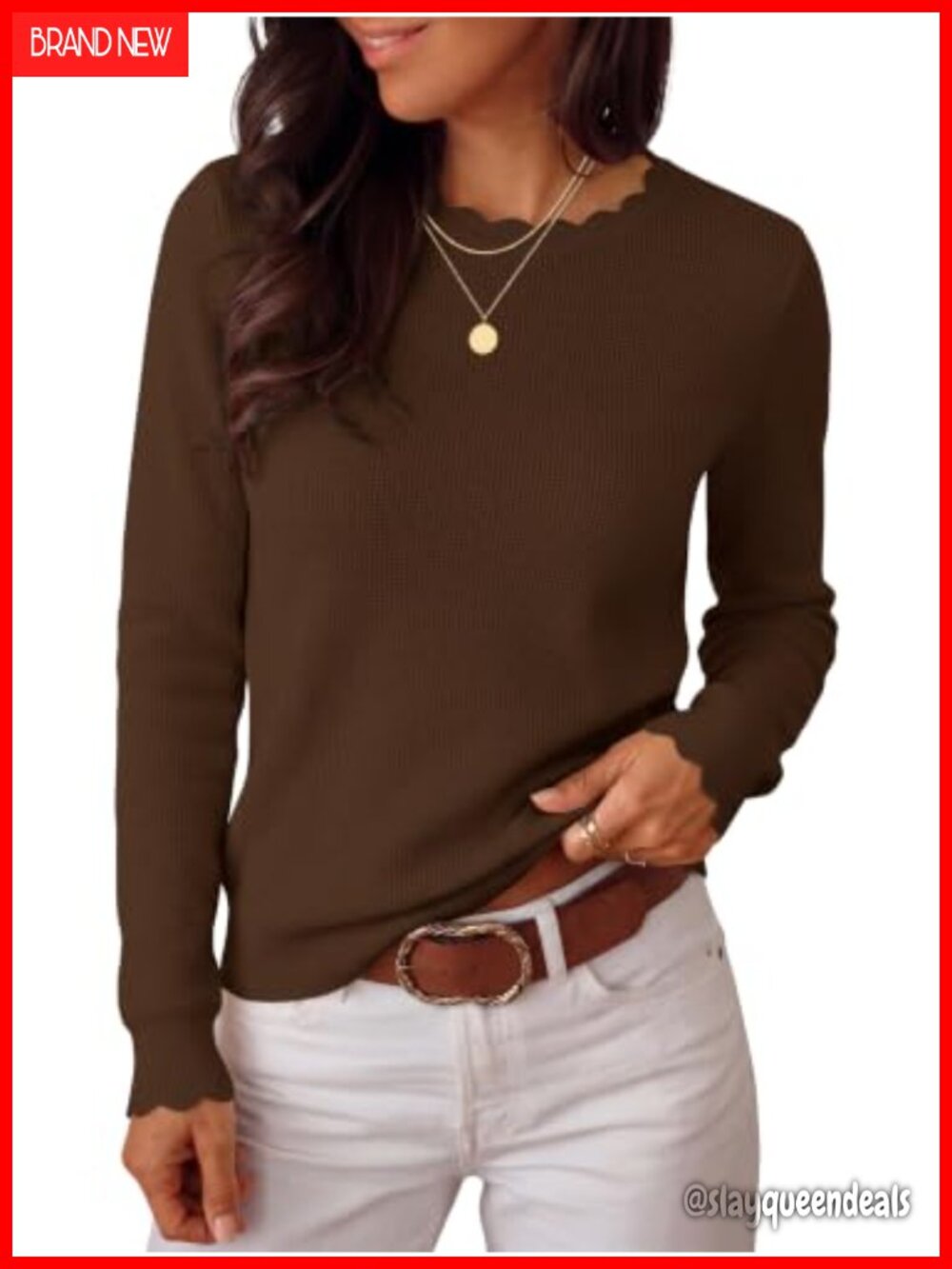 Waffle Knit Long Sleeve Scalloped Sweater Pullover